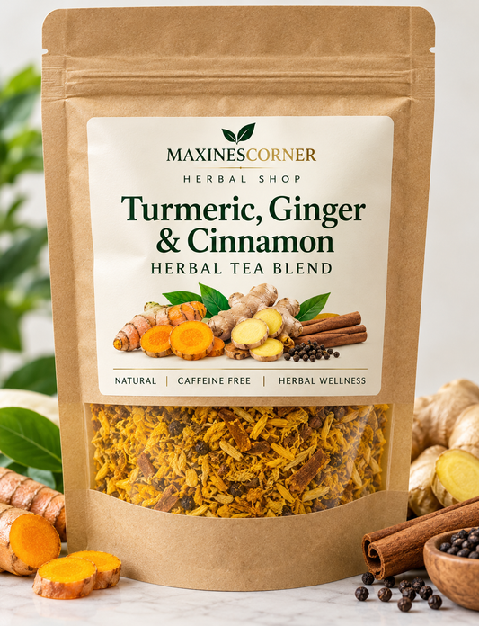 Illustrative turmeric ginger cinnamon herbal tea pouch, golden yellow tea blend